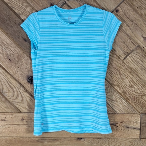 EP Sport Tops - EP Sport Blue Striped Short Sleeve Activewear Shirt Size M Wrap Style Back